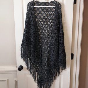 Beautiful vintage handmade shawl, black with silver threads
